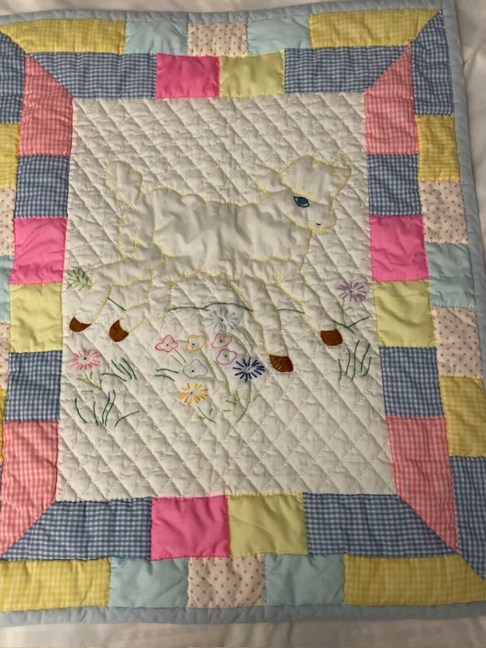 Baby Quilt Pink White Blue Yellow Hand Quilted Embroidered Animal Lamb 34x28”